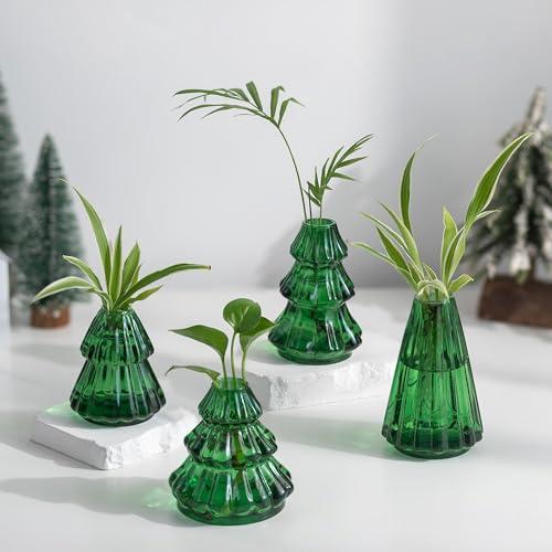 Glass Christmas Tree Propagation Stations: Hewory 4 PCS Propagation Vases for Plant Hydroponic Cutting Flowers - Green Christmas Tree Shaped Planter Pot for Home Holiday Decor Gifts