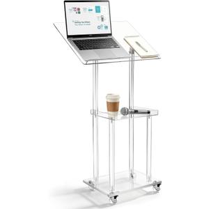 Large Acrylic Podium with Wheels, Adjustable Lectern with Storage Shelf