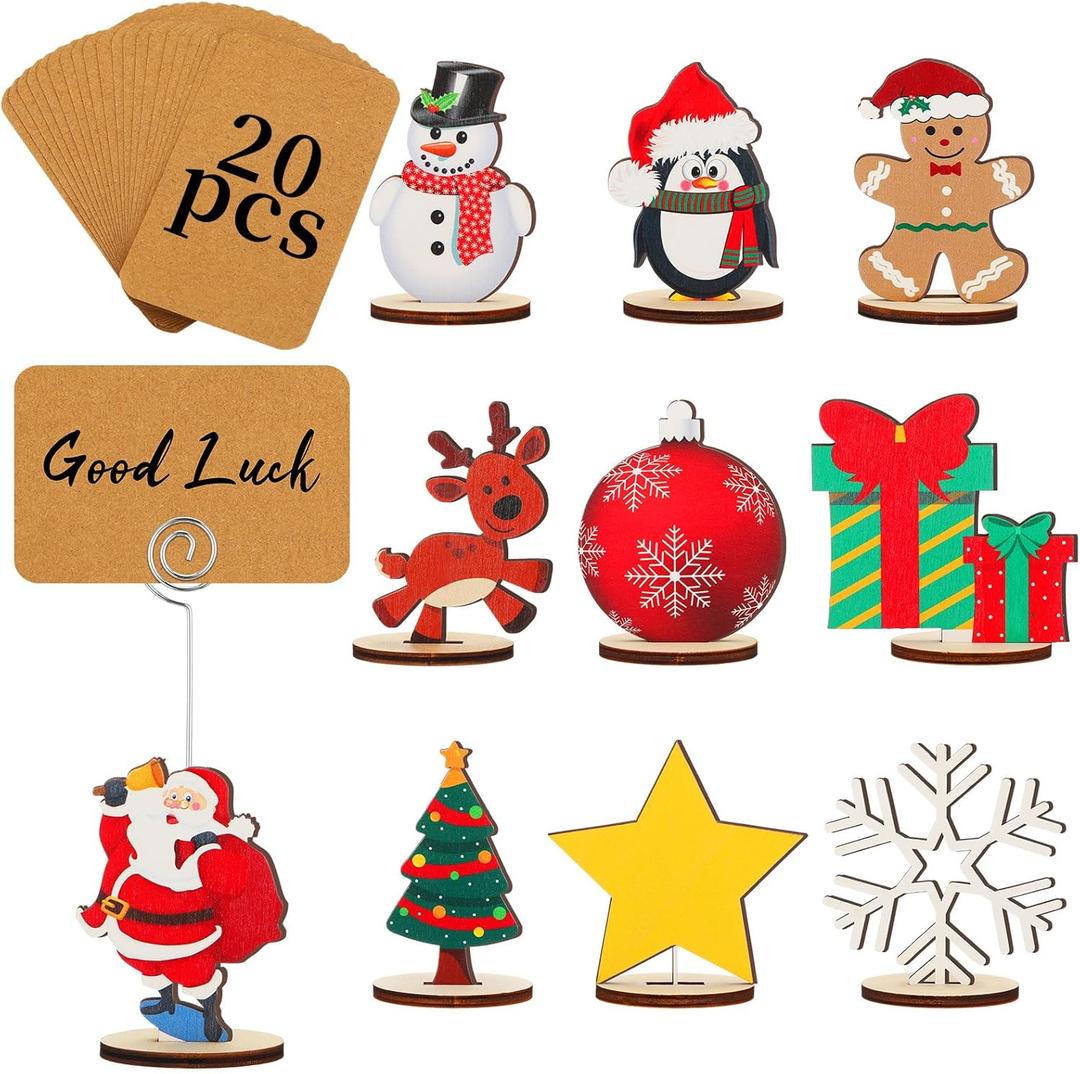 20 Pcs Christmas Wood Place Card Holders Stand Display and 20 Kraft Place Cards Santa Snowman Elk Number Name Photo Picture Clip Holder for Xmas Party Table Decoration(Christmas)