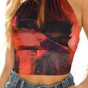 2026 Women's Summer Halter Top V Neck Print Sleeveless Tie Back Mesh Backless Crop Camisoles Tops (Purple, S)