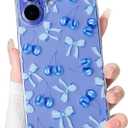 NITITOP Compatible with iPhone 16 Case Cute Clear Cherry Bowknot Design for Women Girls Bow Ribbon Soft Fit Slim Stylish Anti Yellowing Protective Phone Cover - Blue
