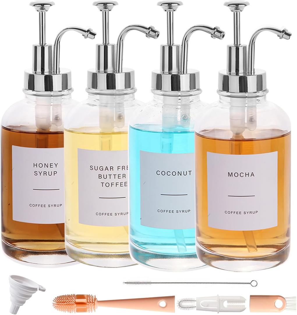 Coffee Syrup Dispenser-4pack,16.9 oz 500ml,Coffee Bar Accessories,Syrup Pump Dispenser for Coffee Bar,Contains Cleaning Tools, Funnel (Silver)