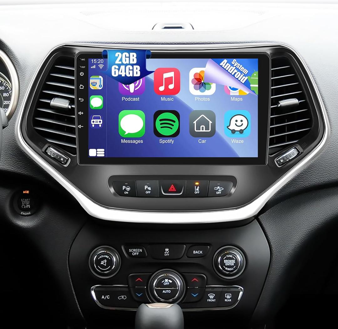 [2G+64G] Radio for Jeep Cherokee 2013-2018, 10 inch Android Touch Screen Cherokee Car Stereo, Carplay/Android Auto/EQ Audio/1080P/SWC/Bluetooth