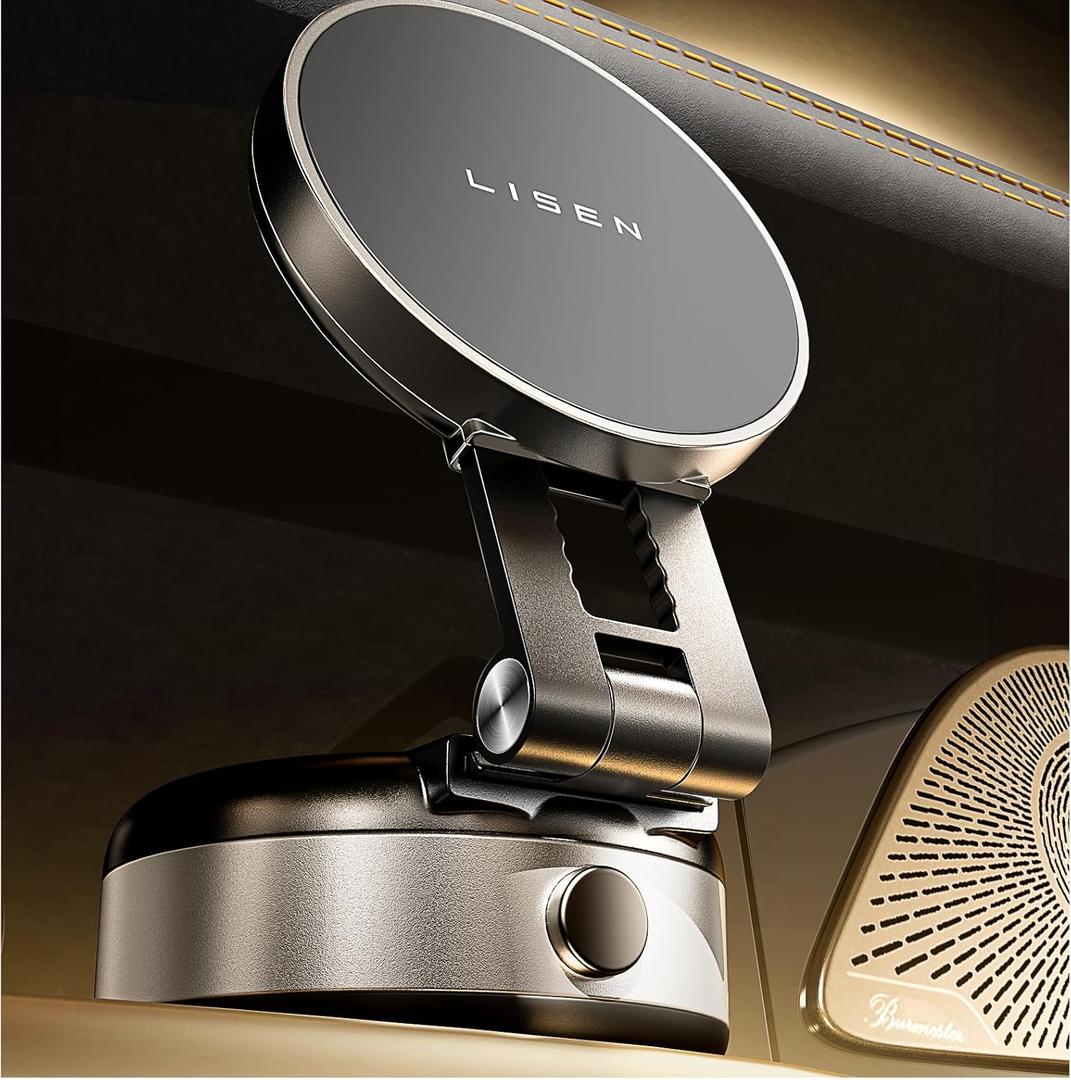 LISEN Portable Vacuum Magnetic Phone Holder Stand, Electric Vacuum Suction Phone Holder for MagSafe, Suction Cup Phone Mount Foldable for iPhone 16e/16/15/14/13/12 Pro/Pro Max (silver)