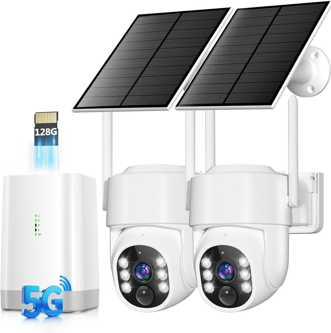4MP Security Cameras Wireless Outdoor 5G & 2.4G, No Subscription Fee, 2 Cam-Kit,Solar Camera Outdoor Wireless With 360 PTZ,128GB Storage,Color Night Vision,Ai Detection WiFi Cameras for Home Security