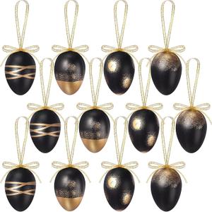12 Pcs Black Gold Easter Egg Tree Ornaments Hanging Tree Decoration Plastic Speckled Egg Bulk 2.36'' Rustic Easter Decorations for Basket DIY Crafts Holiday Party Favors