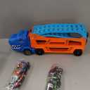 Race Track Truck Toys for 3 4 5 6 7 8 Years Old Boys, 2-Tier Storage Carrier Vehicle Playset with 12 Die-Cast Racing Car Toys, Car Ramps, Birthday Gifts for Toddlers Kids Girls Age 3-5 4-8