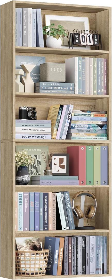 FOTOSOK 6-Tier Open Bookcase and Bookshelf, Freestanding Display Storage Shelves Tall Bookshelf Bookcase for Bedroom, Living Room and Office, Light Oak, 23.6 x 9.25 x 70.8 inches