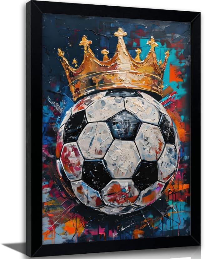 Framed Soccer Ball with Crown Wall Art, Textured Oil Painting Style Sports Canvas Print, King of Football Poster with Solid Wood Frame, Modern Graffiti Wall Decor for Boys Bedroom Bar, 16"L x 24"W