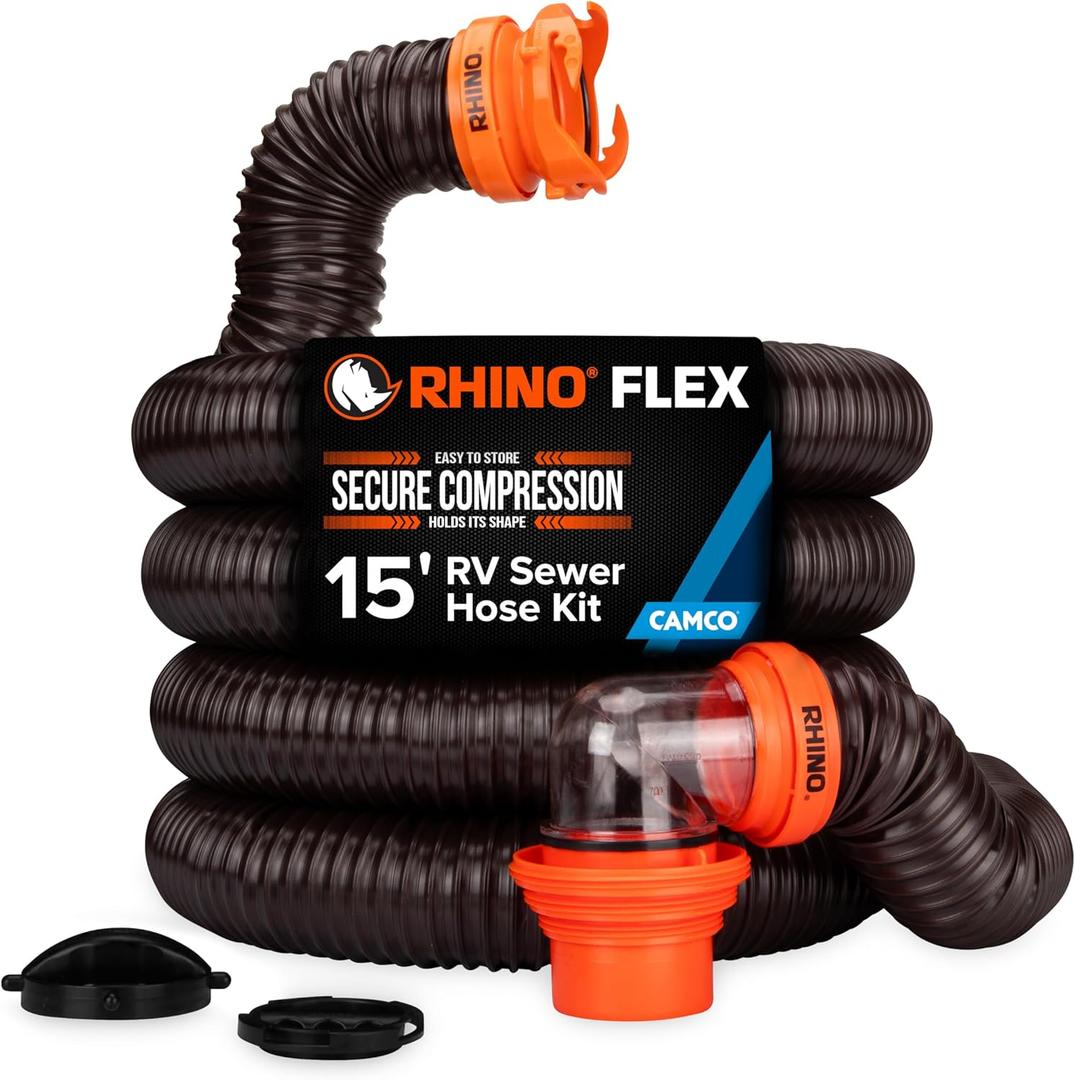 Camco RhinoFLEX 15' RV Sewer Hose Kit  Includes 4-in-1 Adapter, Clear Elbow, & Caps  Connects to 3 Slip & 3, 3 1/2, 4 NPT Threaded Sewer Connections (39770)