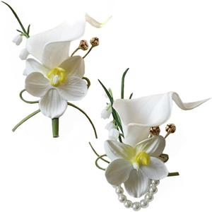 MAFELOE 2 Pieces Corsage and Boutonniere Set, Artificial Calla Lily& Orchid Flowers Accessories Decorations for Wedding Prom Party Celebration Suit- White (W4-X2-LL)