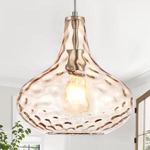 CATINER 11" Amber Hammered Glass Pendant Light, Blown Glass Hanging Light Fixture with Brushed Nickel Finish, Vintage Modern Ceiling Light for Kitchen Island, Dining Room, Hallway, Living Room