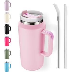 64oz Insulated Tumbler with Handle, Stainless Steel Double Wall Vacuumn Water Bottle, Lid and Straw for School, Gym, Hiking & Camping, Pink
