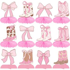 Cowgirl Boost and Bows Honeycomb Centerpiece 13pCS Coquette Bow Cowgirl Party Decorations Pink Western Bow and Boots Table Centerpieces for Coquette Cowgirl Birthday Baby Shower Supplies