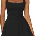 Kaximil Women's Square Neck Ruffle Hem Mini Dress Ruched Waist Short Party Dresses (Medium, Black)