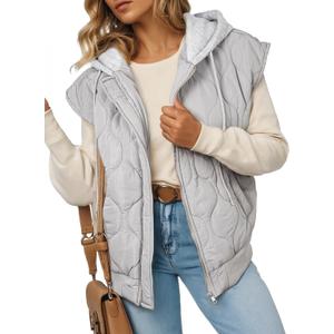 EVALESS Women's Puffer Vest Cropped Hooded Zip Up Sleeveless Quilted Jacket 2025 Fall Fashion Lightweight Warm Outdoor Casual Vests Outerwear Coat with Pockets, Grey, X-Large