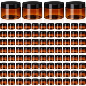 Tanlade 100 Pcs 4 oz Amber Plastic Cosmetic Jars with Lids Empty Leak Proof Container Refillable Cosmetic Jars Airtight for Cream, Lotion, Powder, Ointment, Beauty Products Travel Storage(Round)