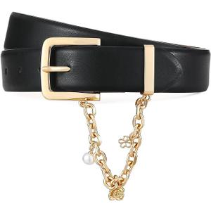 AI DEEBLUE Women's Leather Belt for Jeans Black Belt with Gold Buckle and Chain Fashion Belts for Women, XL: Fit Waist Size 39"-43"