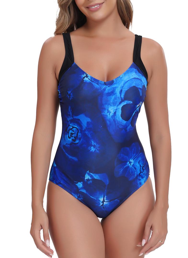 Itzel Women's V Neck Long Torso One Piece Swimsuit Modest Bathing Suits Black Navy Floral 12 (Blue)