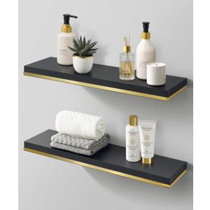 Floating Shelves for Wall,Large Deep Hanging Black Shelves with Gold,24 Inch Long Wall Mounted Shelves with Invisible Brackets for Living Room Bathroom Bedroom Kitchen Shelf Decor,Set of 2