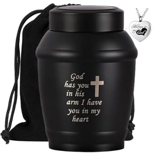 ANTESCORT 5.8 Inches Cremation Urns for Human Ashes Adult Male or Female, Black Cross Stainless Steel Decorative Urns for Adult Ashes for Women, Funeral Memorial Urns with Ashes Necklace