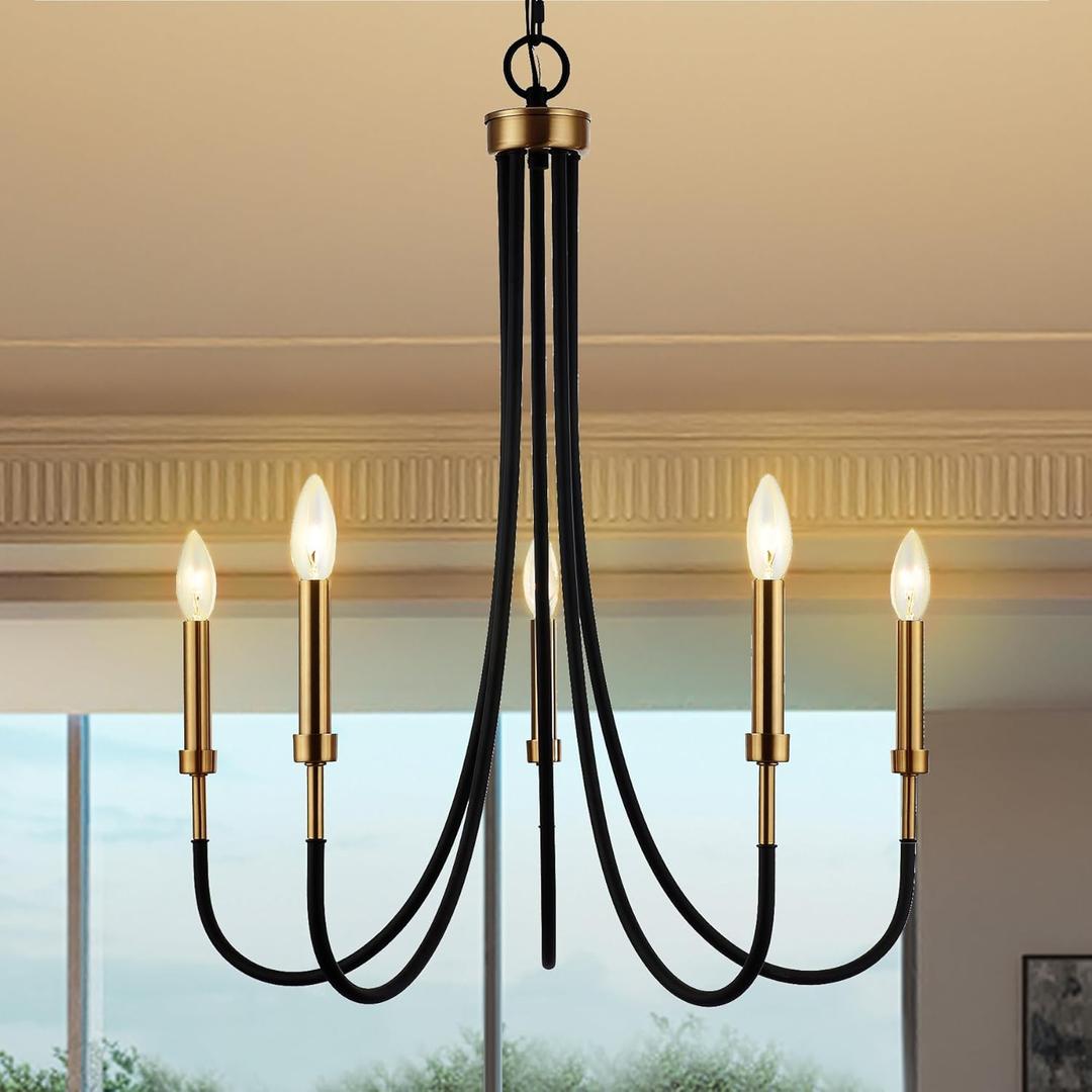 5 Light Modern Chandelier Light Fixture, Black and Muted Gold Farmhouse Island Lighting for Kitchen Dining Room, Large Linear Pendant Light 25"x25"x28"