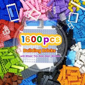1600 Pieces Building Bricks, Classic Bulk Building Blocks for Kids with Wheels and Axles Sets, Windshield, Windows, Doors, Baseplates, Compatible with All Major Brands - 18 Shape/12 Color