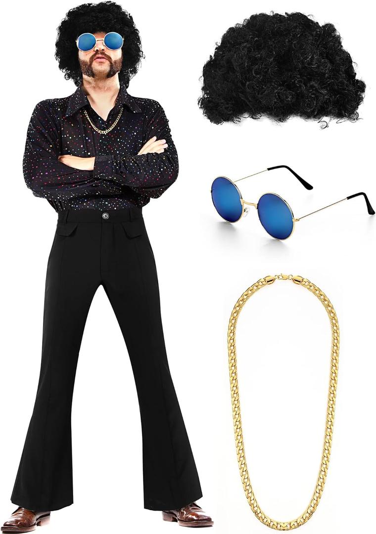 Eurzom Disco Costume Set Including Men's Disco Shiny Shirt Pant Funky Afro Wig Necklace Sunglasses for 60/70/80/90s Party (X-Large)