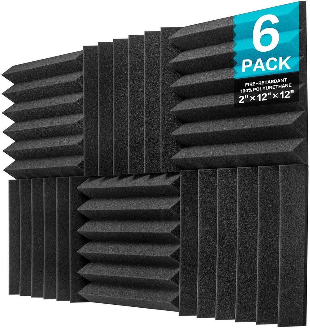 Acoustic Foam Panels 12x12 Inch 6 Pack,, Used For Recording Studio Sound Reduction, Wedge Style Soundproofing Tiles, (2 Inch Thick, Charcoal)