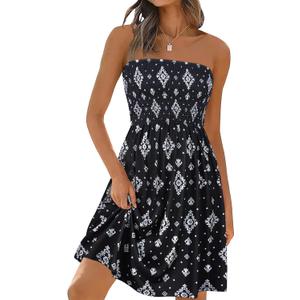 elescat Summer Dresses for Women 2026 Strapless Casual Beach Cover Ups Tube Top Sundress (Large, Black White Ice Flower)