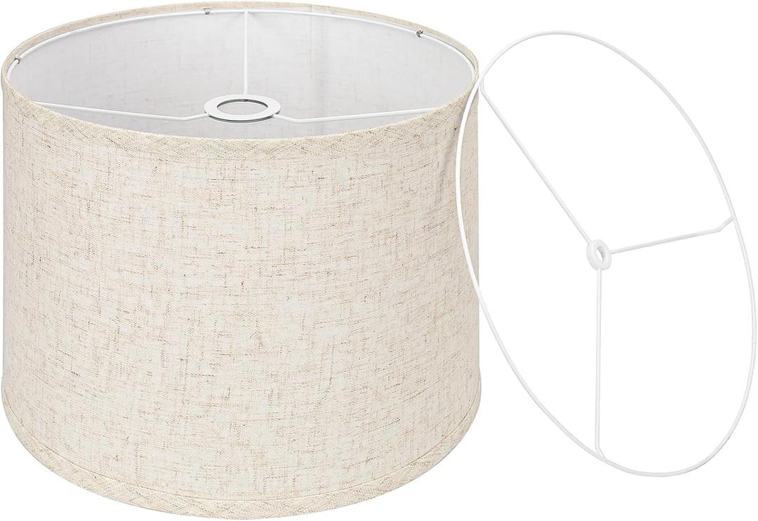 Beige Drum Lamp Shade, 13" Top x 13" Bottom x 10" High, Two Different Top Rings (Spider and UNO Fitter), Lamp Shade for Table Lamps Floor Lamps, Natural Linen Lampshade Replacement, Assembly Required