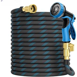 Garden Hose 75 ft, 2025 Upgarded Flexible Water Hose 75ft With 10-Pattern Spray Nozzle, Kink-Free, Lightweight, Durable, Leak-Proof Solid Brass Fittings (Black & Blue)