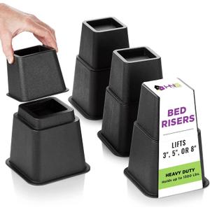 HOLDN STORAGE Adjustable Bed Risers and Furniture Risers-Stackable Bed Lift 3, 5, or 8 Inch-Set of 4 Bed Risers-Heavy Duty-Perfect for College Dorms- Supports up to 1,300 lbsFits Legs up to 2.75 W