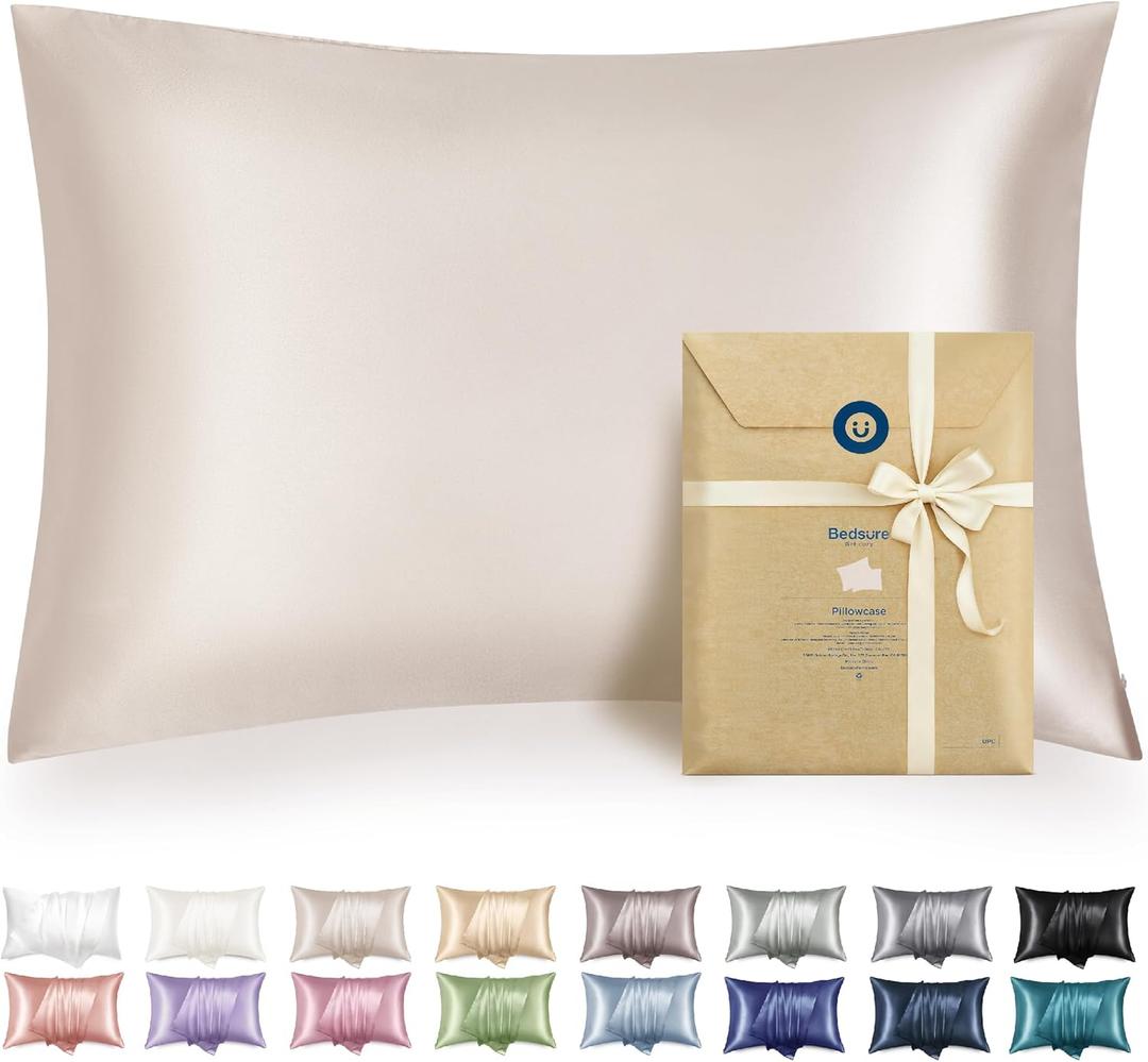 Bedsure Satin Pillowcase with Zipper, King Size Satin Pillow Cases Set of 2, Similar to Silk Pillow Cases 2 Pack, Silky & Soft Pillow Cover for Hair and Skin, Gifts for Women Men, Beige, 20x36 Inches
