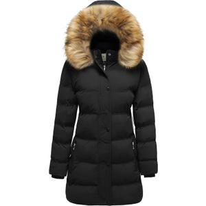 WenVen Women's Winter Long Puffer Coat Parka Jacket with Faux Fur Removable Hood (Black)
