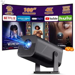 Smart Projector with WiFi and Bluetooth, 4k Support Portable Outdoor Projector, 200 ANSI Lumens, 210° Rotatable Stand, Auto Keystone, Built-in App Movie Proyector for Home & Camping (Black)