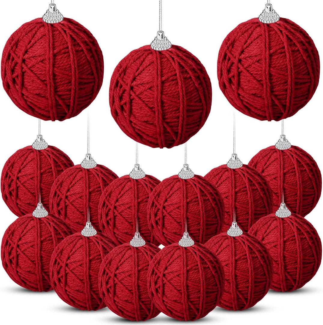 Jenaai 15 Pcs Neutral Christmas Ornaments Balls Bulk 3.15 Inch Yarn Rustic Farmhouse Christmas Tree Ball Ornament Boho Handmade Xmas Hanging Decoration for Tree Party Holiday Decoration(Burgundy Red)