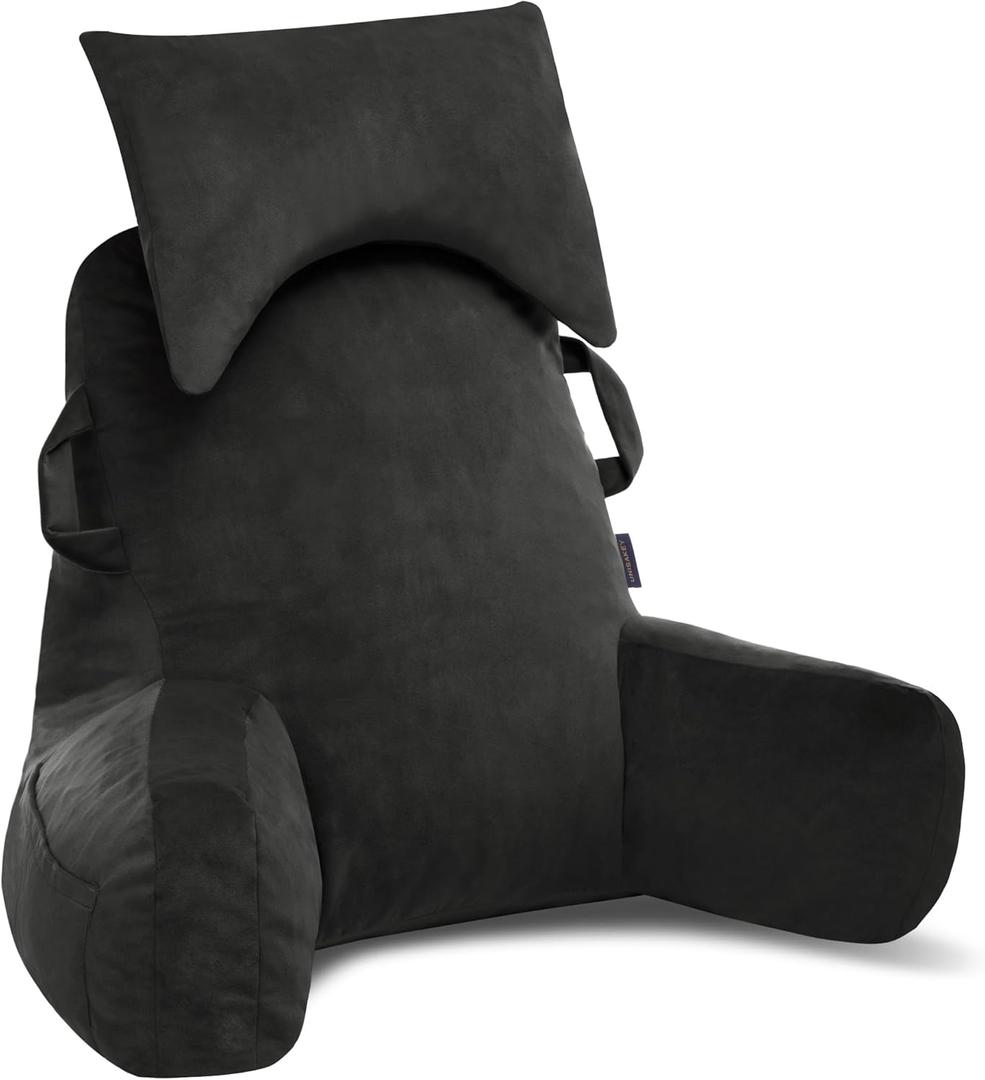 Portable Reading Pillows with Headrest for Bed Sitting Up(Grey), Back Pillow with Arms & Pockets for Adults, Support Memory Foam Bed Pillow for Dorm/Reading/Watching/Gaming (Premium Large)