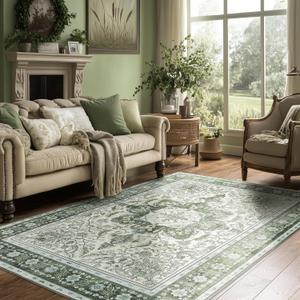 6x9 Machine Washable Bedroom Area Rug for Living Room Low Pile Boho Vintage Rugs, Non-Slip Non-Shedding Floral Print Floor Carpet for Dining Room Home Decor (Green,6x9ft)