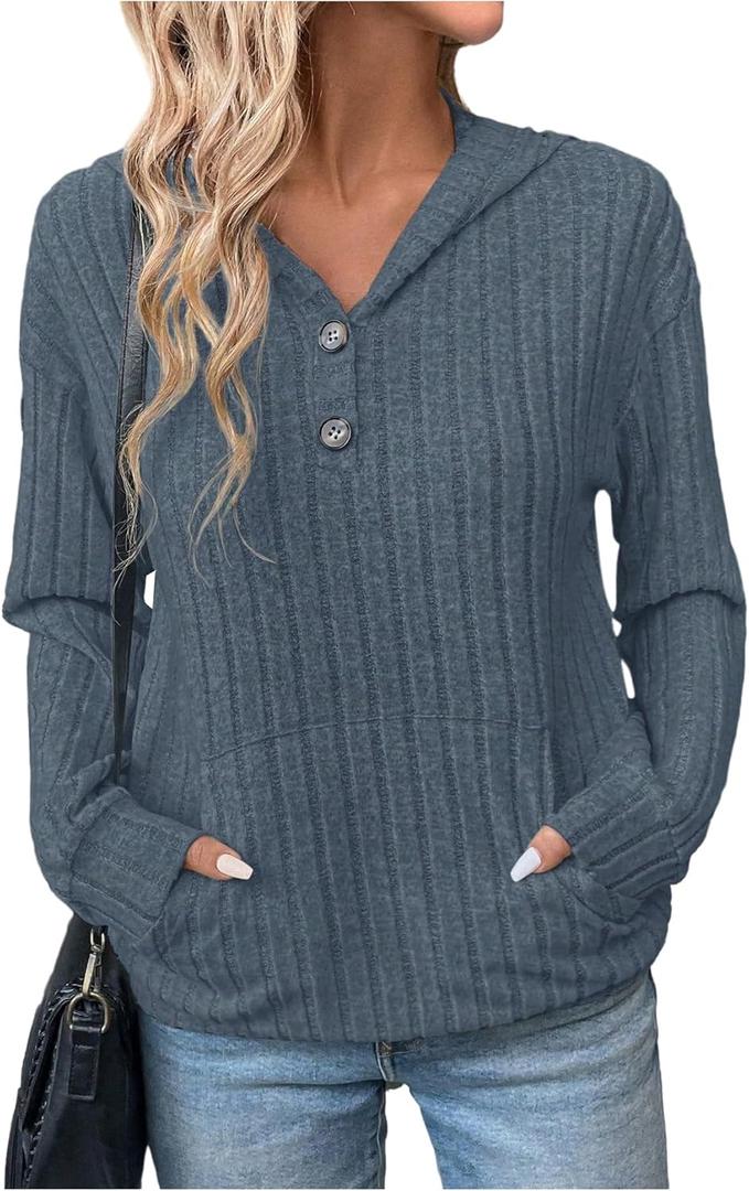 SweatyRocks Women's Long Sleeve Hoodie Sweaters Fall Ribbed Knit Casual Loose Tops with Pockets (Gray, L)