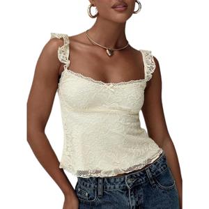 Women Teen Girls Cute Summer Going Out Tops Y2K Fairycore Sleeveless Square Neck Floral Lace Tank Top, Large