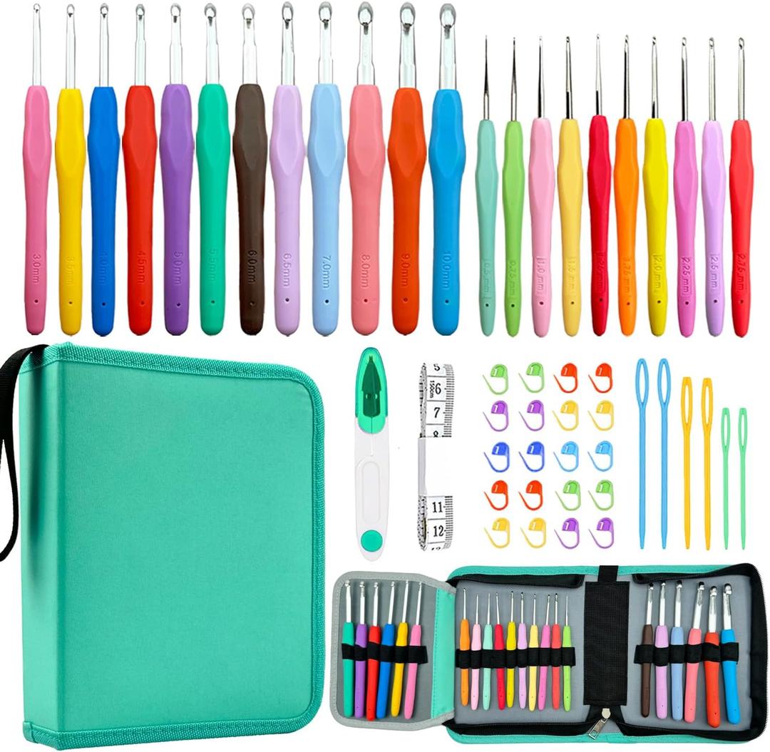 Hobekoee 22 Sizes Crochet Hooks Set with Sky Blue Case,0.5mm-10mm Ergonomic Soft Handle Crochet Hook Needles Set for Arthritic Hands,Complete Crochet Set