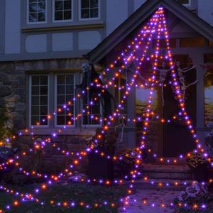 Halloween Spider Web Lights Decoration 455 LED Spider Webs Halloween Decorations Outdoor 16.4 Ft Light Up Giant Spider Web with 8 Lighting Modes & Timer for Outdoor Halloween Decor (Purple & Orange)