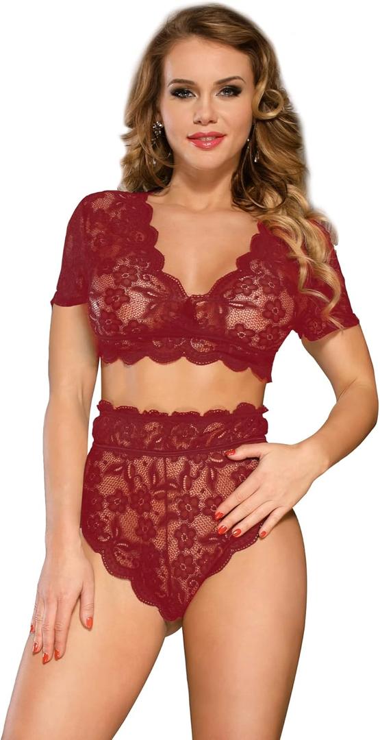 ohyeahlady Women Lace Lingerie Set 2 Piece Plus Size High Waist Bra and Panty Set Underwear (4-6, Burgundy)