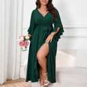 Womens Plus Size Dress Wedding Guest Cocktail Ruffle Half Sleeve Wrap V Neck Slit A Line Maxi Dresses with Belt (Green)