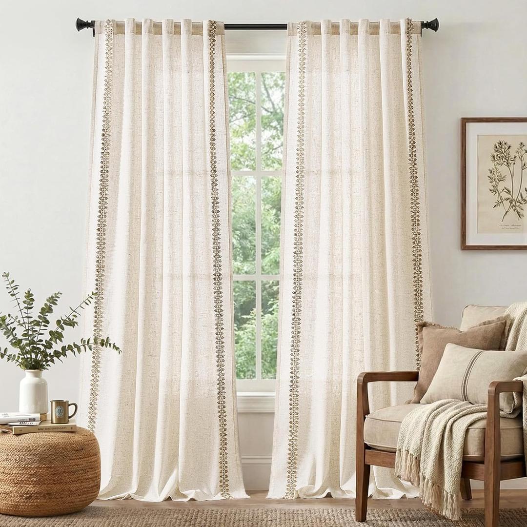 jinchan Beige Linen Blend Curtains with Woven Trim Boho Curtains 96 Inches Length 2 Panels for Living Room Bedroom Light Filtering 50 Inches Wide Rustic Farmhouse Drapes with Rod Pocket Back Tab Ecru