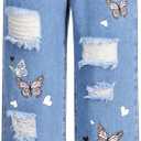 WDIRARA Girl's Butterfly Print High Waisted Ripped Jeans Distressed Straight Leg Denim Pants, Size: 12Y