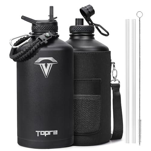 Topre One Gallon Water Bottle,128oz Insulated Water Flask Stainless Steel Vacuum, Cold for 48 Hrs,BPA-Free & Leakproof -with Paracord Handle,Strap,Straw Spout Lids,Large Jug for Gym Sports,Black