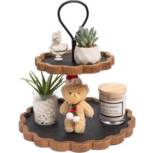 GENMOUS Scalloped Tiered Tray Stand for Farmhouse Kitchen Table Decor, 2 Tier Decorative Round Tray with Metal Handle for Coffee Table, Wooden Two Tiered Serving Tray for Party Fruits Cupcake Display