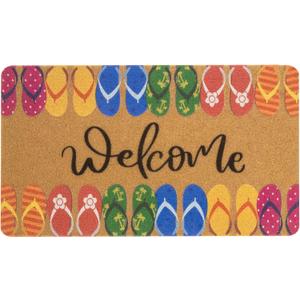Summer Welcome Mats for Front Door, Indoor, Outdoor, Entryway, Faux-Coir Funny Beach Door Mat 17x30, Non-Slip Dirt-Trapping Front-Porch-Rug for Garden, Patio, Backyard